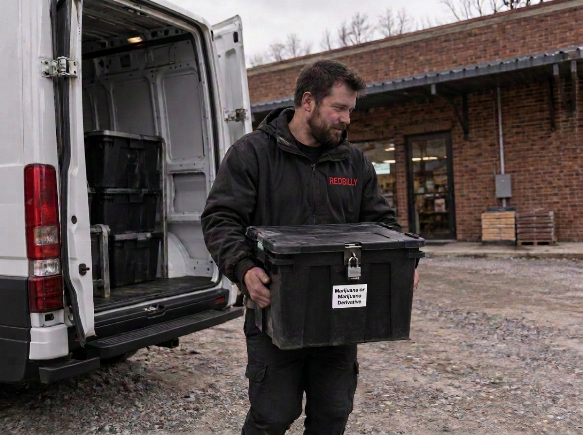 RedBilly driver carrying a locked, sealed delivery tote into a dispensary