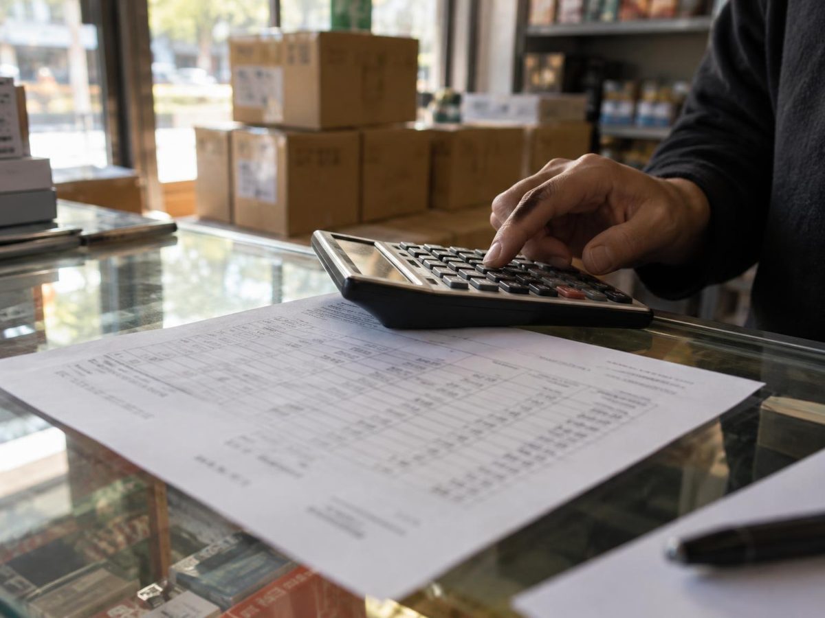 Wholesale price sheet and invoice with a calculator on a counter
